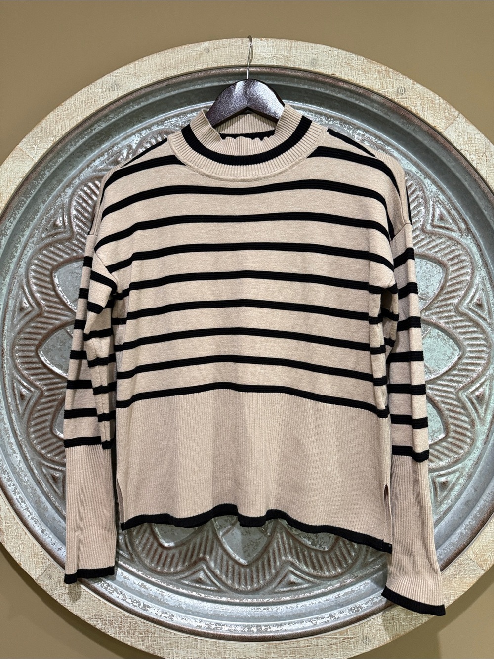 Rachel Zoe Beige with Black Stripe Cowl Turtleneck long Sleeve Ribbed Sweater